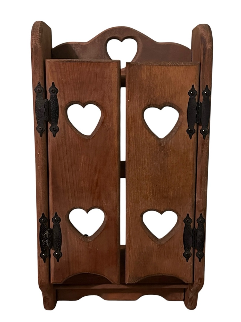 Vtg Wood Wall Shelf Curio Cabinet Door Pegs Heart Cutout Cottagecore Rustic READ